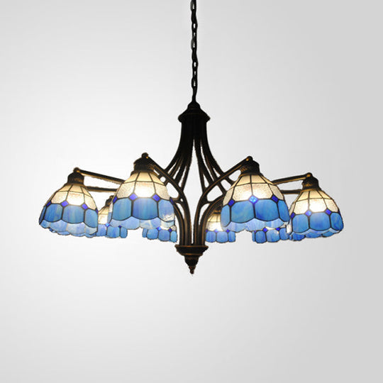 Mediterranean Dome Chandelier - 8-Light Blue Glass Ceiling Pendant For Dining Table