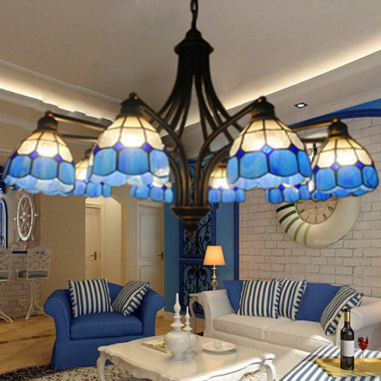 Blue Glass Dome Chandelier: Mediterranean Style Pendant Lighting for Dining Table - 8 Lights
