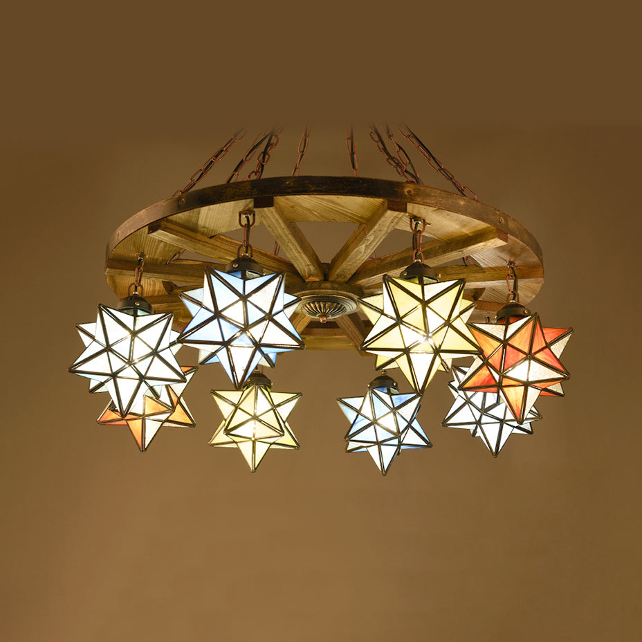 Rustic Brass Pendant Light with Stained Glass Star Shade for Foyer Chandelier