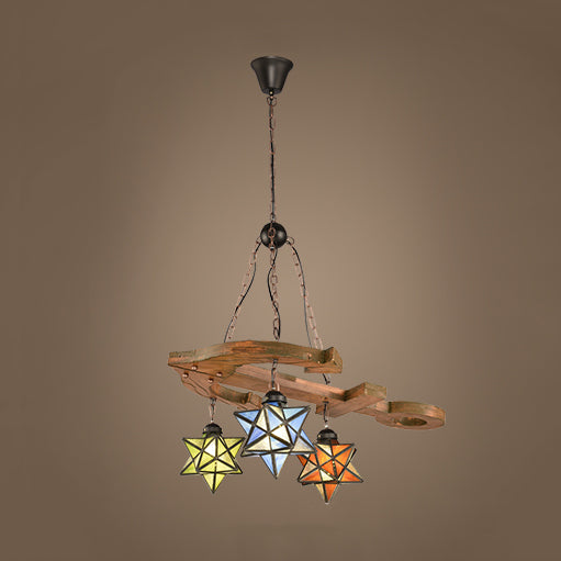 Rustic Black Star Hanging Chandelier - Adjustable Glass Shades with Anchored Metal Chain - 3 Lights