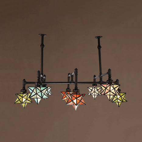 Rustic Star-Shaped Stained Glass Dining Room Chandelier With 8 Pendant Lights And Hanging Rod Black
