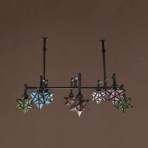 Rustic Star-Shaped Stained Glass Dining Room Chandelier With 8 Pendant Lights And Hanging Rod