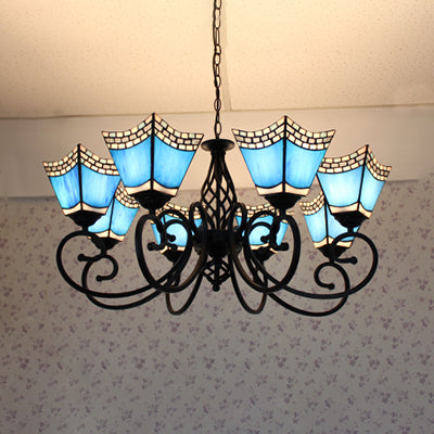 8-Light Nautical Trapezoid Hanging Light with Blue Glass Shade for Living Room