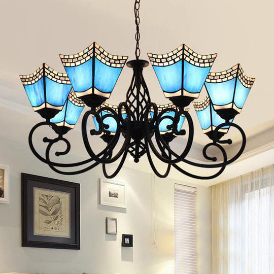 Trapezoid Hanging Light: Nautical Design Blue Glass Shade 8 Lights For Stylish Living Room Lighting