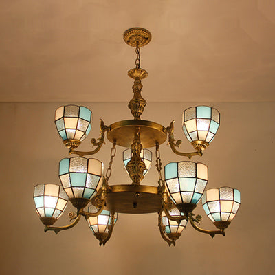 2-Tier Stained Glass Hanging Chandelier with 9 Lights - Adj. Chain, Ideal for Living Room Lighting