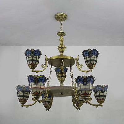Blue Stained Glass Baroque Bell Chandelier with Adjustable Chain - 2 Tiers Suspended Lighting