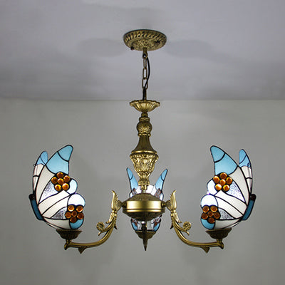 Loft Style Stained Glass Butterfly Chandelier with 3 Lights & Chain - Multicolor Options