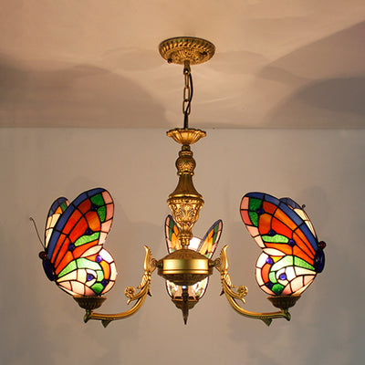Stained Glass Butterfly Ceiling Chandelier - Loft Style Hanging Light With Adjustable Chain