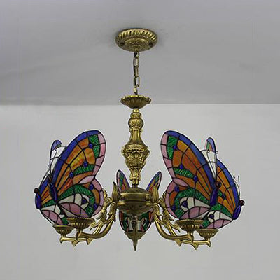 Loft Style Stained Glass Butterfly Chandelier with 3 Lights & Chain - Multicolor Options