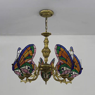 Modern Loft Style Adjustable Chain Stained Glass Butterfly Ceiling Light in Multicolor