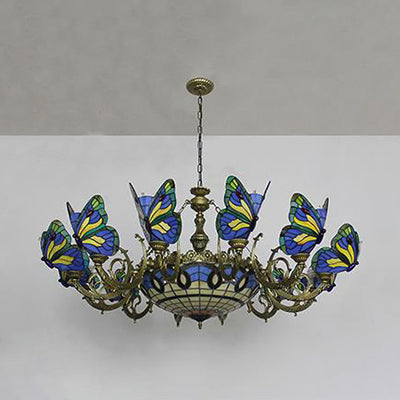 Stained Glass Tiffany Chandelier - Butterfly Indoor Pendant Light in Blue Tones for Hallway