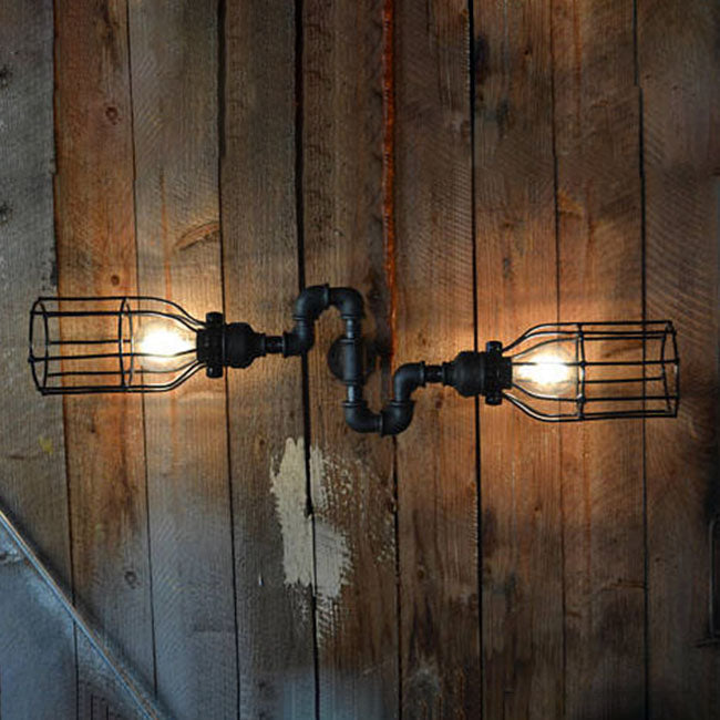Rustic Black Wire Frame Wall Sconce Light With Pipe 2 Metal Lights - Perfect For Restaurants