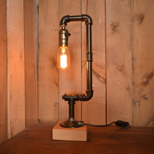 Industrial Water Pipe Table Lamp With Wood Base - Wrought Iron Black Stylish Design 1 Bulb