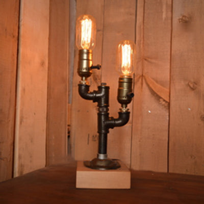Industrial Black Metallic Standing Lamp: 2-Light Plumbing Pipe Table Lighting With Exposed Bulbs