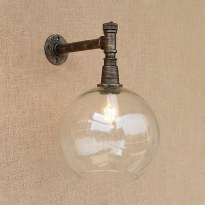Bronze Wall Mount With Glass Shade - Antique Style Light Fixture Wrought Iron Pipe 1 Head 8/12 Wide