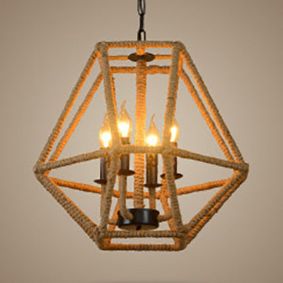 Rustic Hemp Rope Chandelier Light With Geometric Cage Shade In Beige - 4 Bulb Pendant For Kitchen