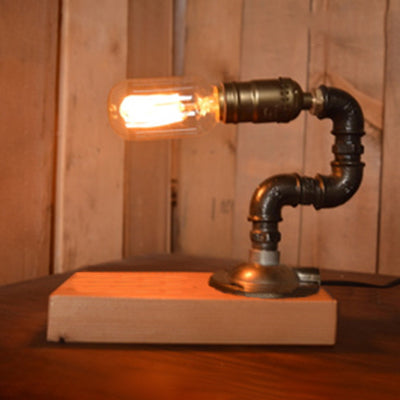 Industrial Brass Finish Curved Pipe Table Lamp With Wooden Base - 1 Light Metal Lighting Fixture