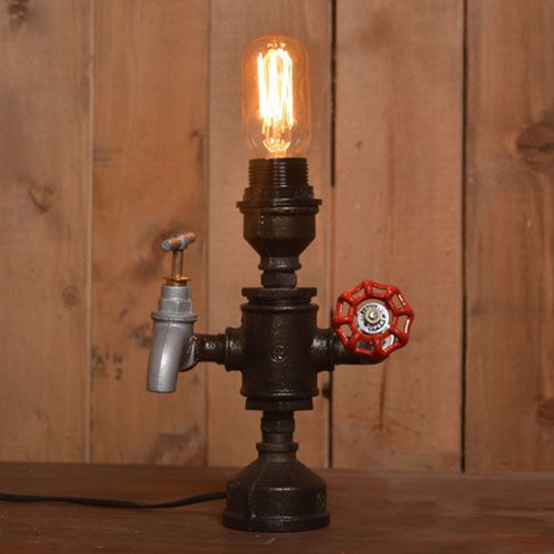 Farmhouse Black Metal Table Light With Water Tap Valve And Open Bulb