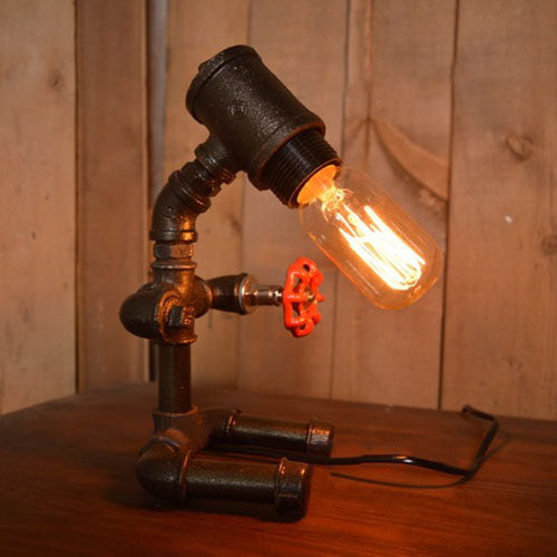 Industrial Style Black Pipe Man Table Lamp - Wrought Iron 1-Light Restaurant Standing