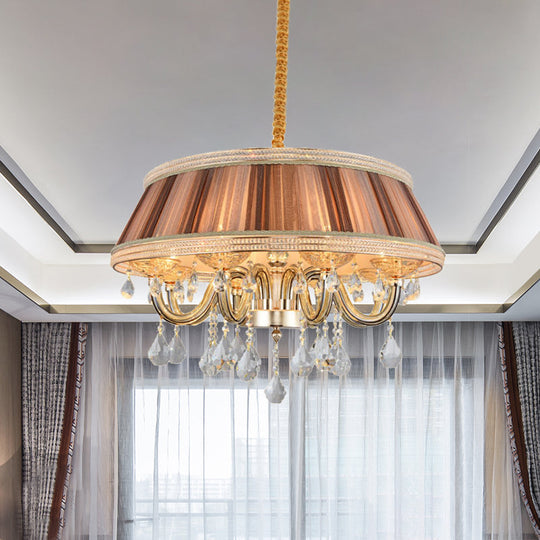 Modern Khaki Drum Chandelier With Crystal Droplets And 8 Pleated Fabric Heads