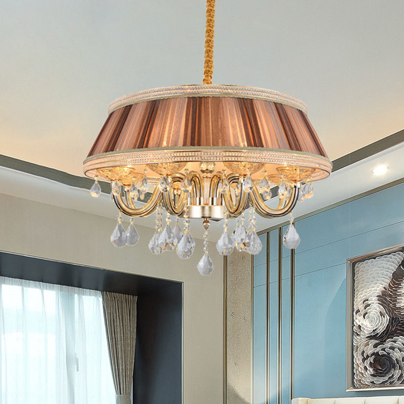 Modern Khaki Drum Chandelier With Crystal Droplets And 8 Pleated Fabric Heads