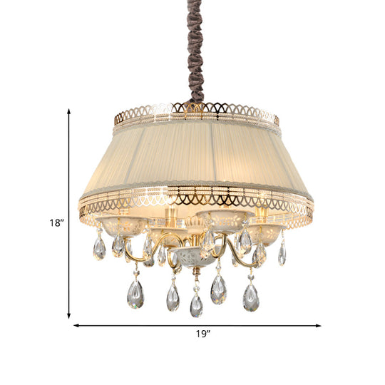Contemporary 4-Bulb Pendant Chandelier with Beige Fabric Drum Shade and Crystal Down Lighting