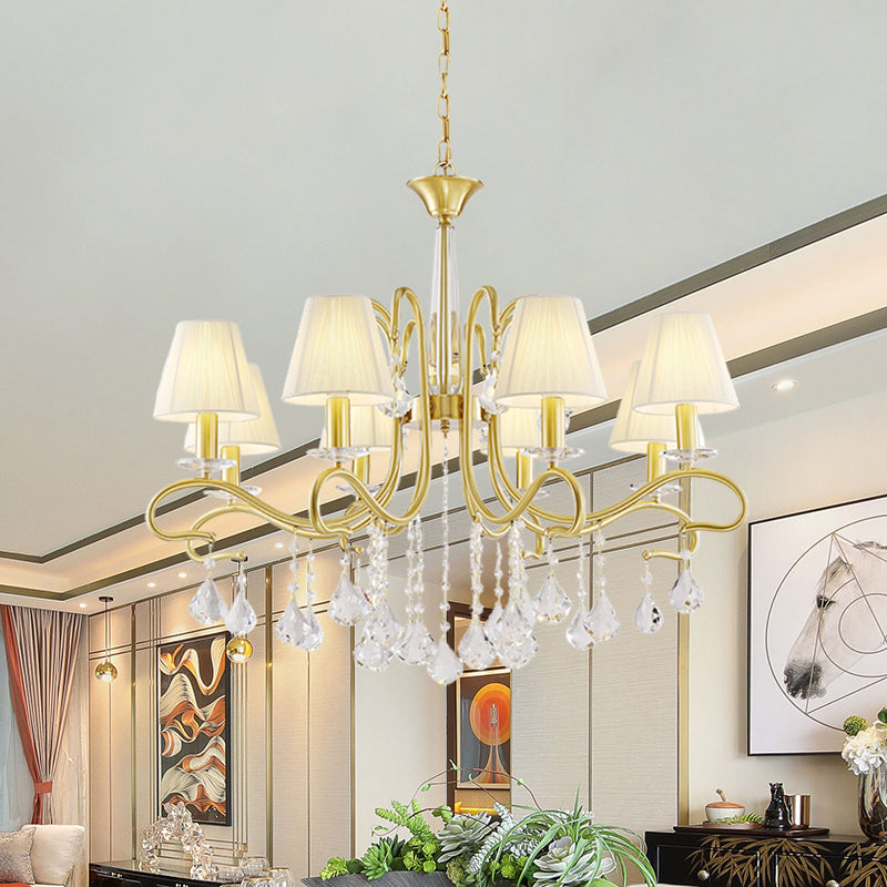 Brass Crystal Ceiling Chandelier - Country Style Swirl Arm Pendant Light With Cone Fabric Shade