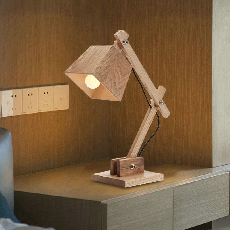 Trapezoid Shade Table Light: Modernist Beige Desk Lamp With Adjustable Arm & Wood Base