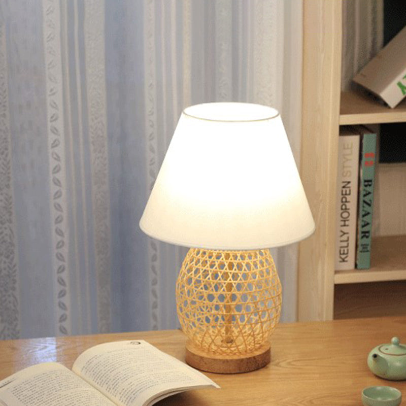 Oval Asian Woven Night Lamp: Bamboo Rattan Table Light With White Fabric Shade In Beige