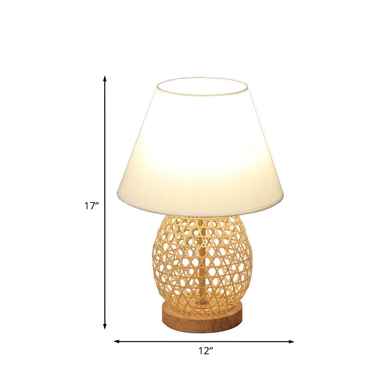 Oval Asian Woven Night Lamp: Bamboo Rattan Table Light With White Fabric Shade In Beige