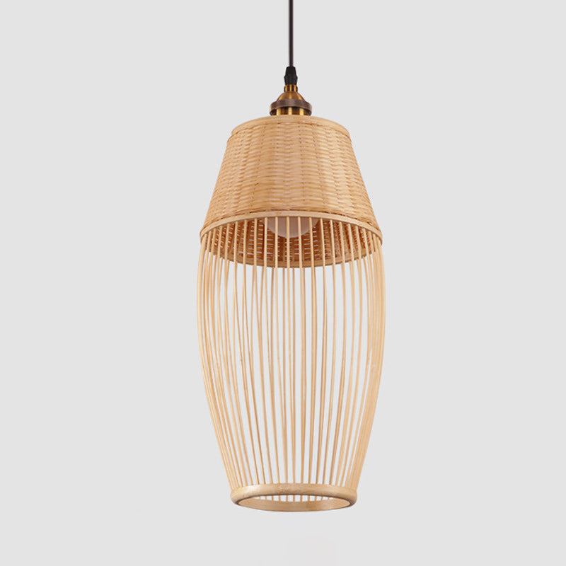 Asian Style Bamboo Rattan Oval Suspension Light - Beige 1-Light Hanging Ceiling Lamp
