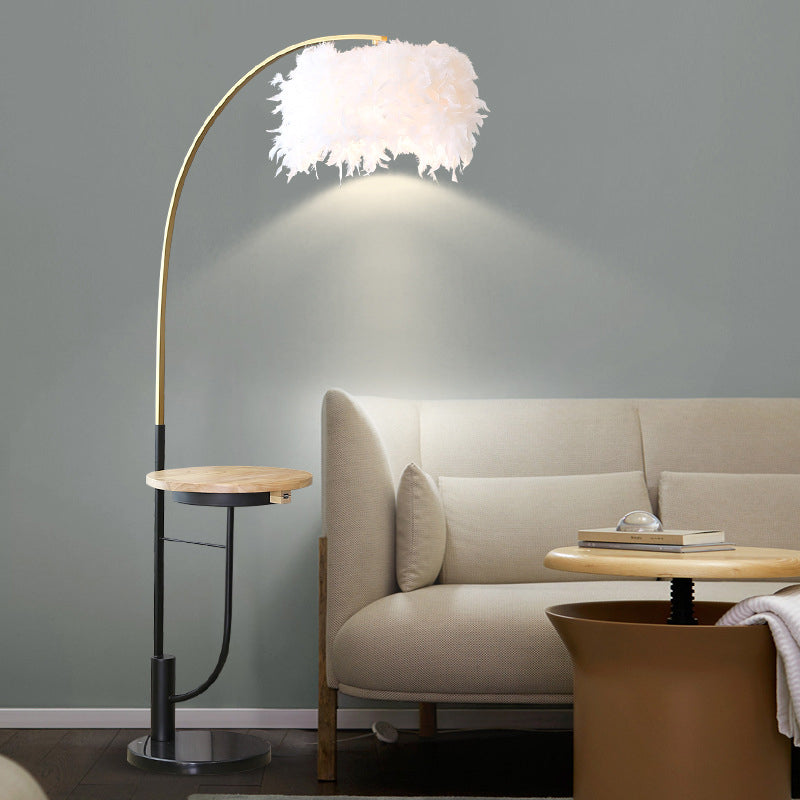 Modern Single Gold And Black Standing Lamp: Fishing Rod Style With White Feather Drum Shade