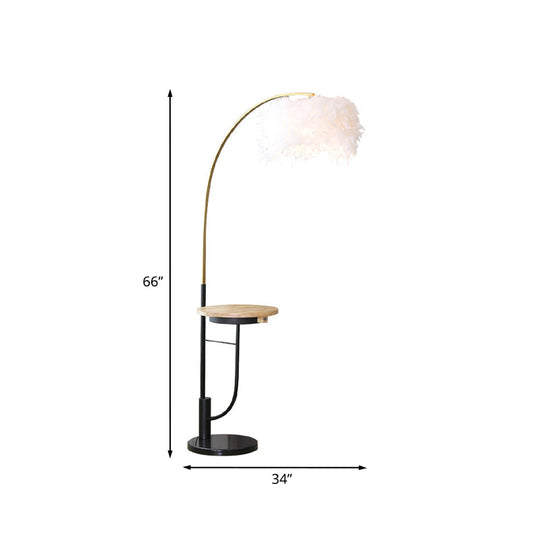 Modern Single Gold And Black Standing Lamp: Fishing Rod Style With White Feather Drum Shade