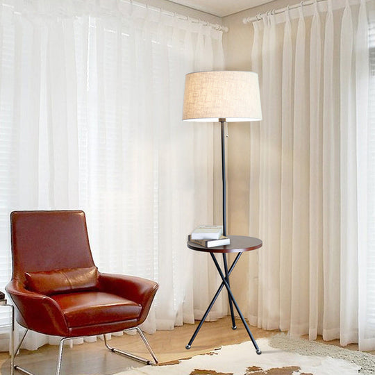 Modern Drum Floor Lamp For Living Room - Single Light Standing In Flaxen Fabric