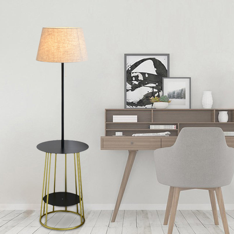 Modernist Fabric Barrel Shade Standing Table Lamp - Single Black & Gold Finish With Pull Chain