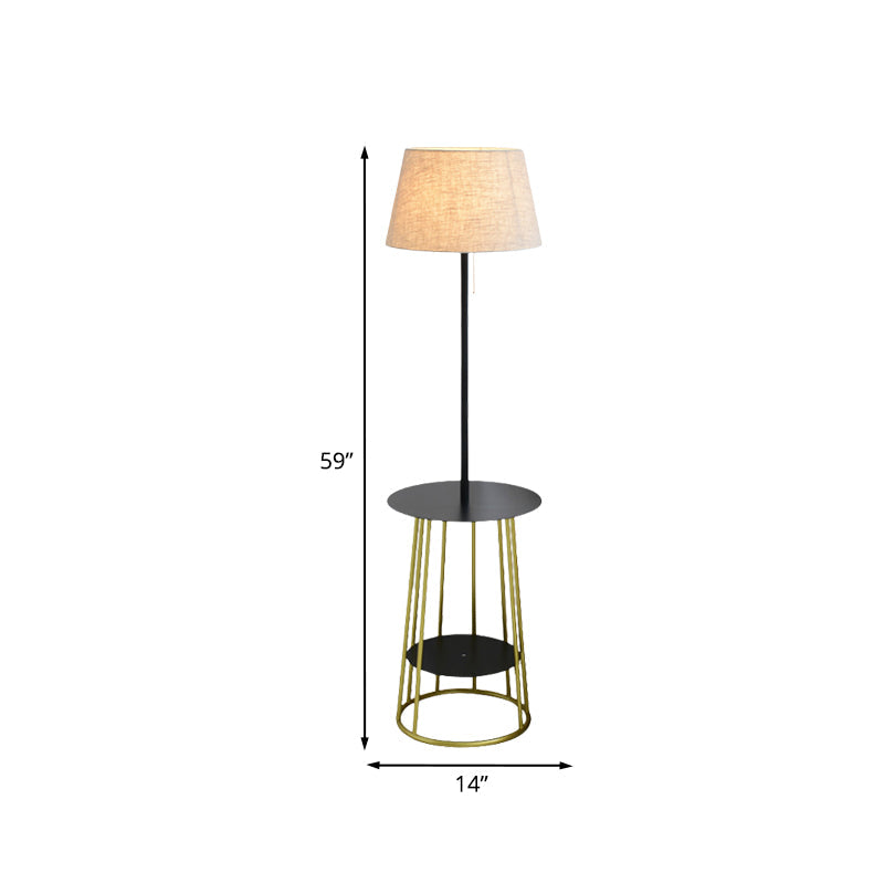 Modernist Fabric Barrel Shade Standing Table Lamp - Single Black & Gold Finish With Pull Chain