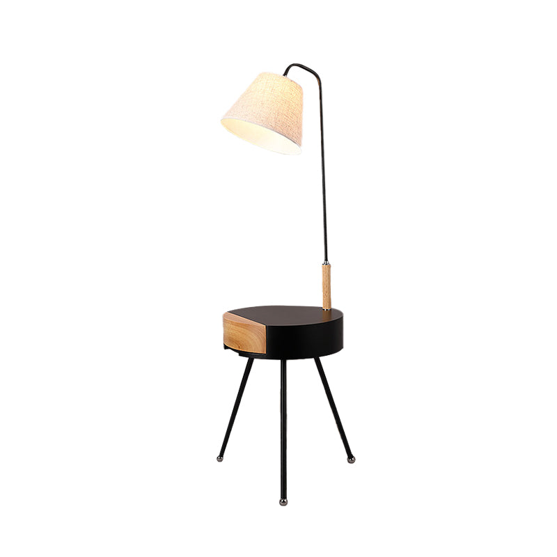 Modern Tripod Floor Lamp With Metallic Single Head Wood Stand And Fabric Shade - Black/Grey/White