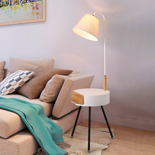 Modern Tripod Floor Lamp With Metallic Single Head Wood Stand And Fabric Shade - Black/Grey/White