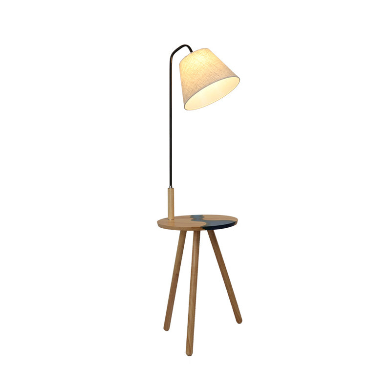 Contemporary White Wood Standing Lamp With Fabric Shade - Single Floor Table Light