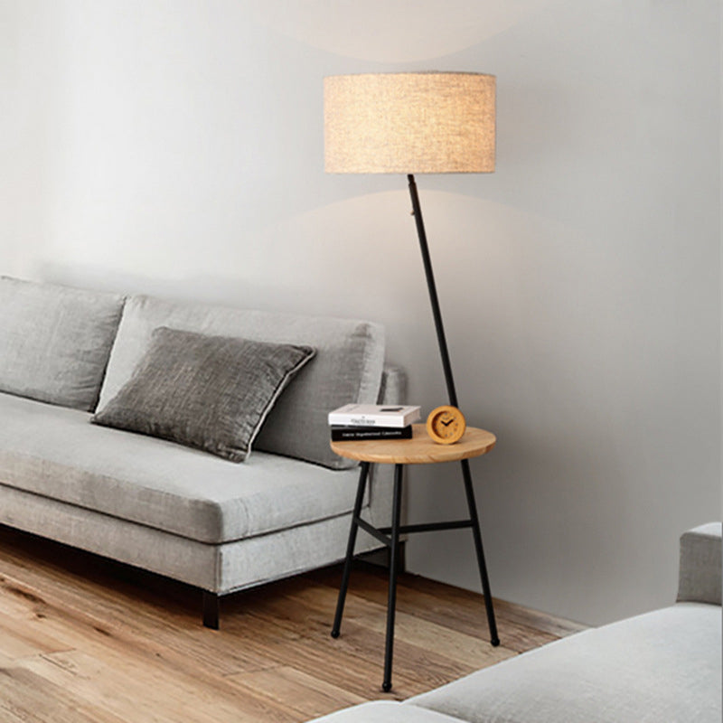 Modern Flaxen Floor Lamp With Drum Fabric Shade For Living Room