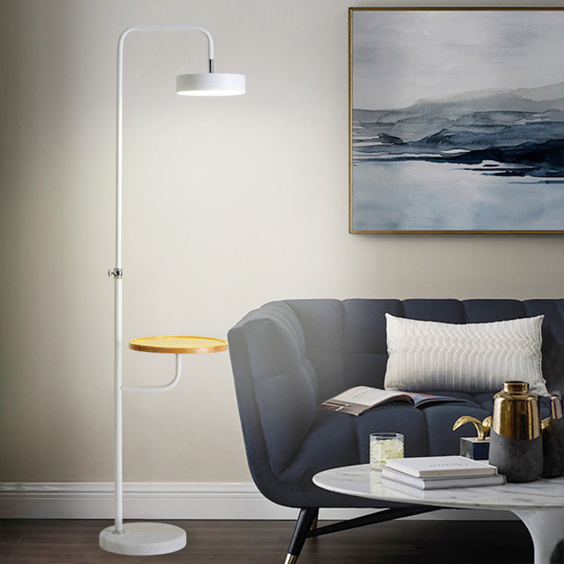 Minimalist Led Round Metal Floor Table Lamp With Angled Arm - White/Black Ideal For Bedroom Lighting