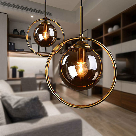 1-Light Glass Ball Pendant Ceiling Fixture with Ring Frame - Post-Modernist Design
