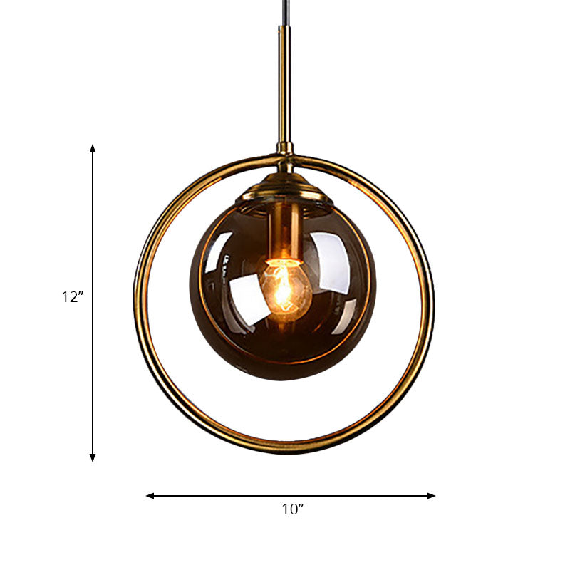 Post-Modernist Glass Ball Pendant Light With Ring Frame - Amber/Smoke/Clear