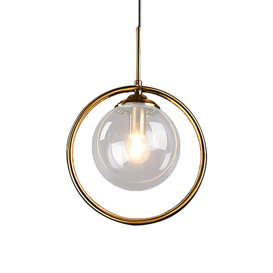 Post-Modernist Glass Ball Pendant Light With Ring Frame - Amber/Smoke/Clear