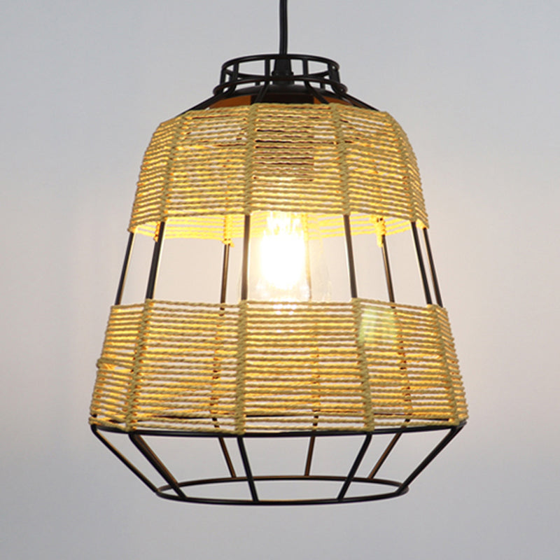 Chinese Straw Rope Barrel Metal Cage Hanging Lamp - 1-Light Beige Drop Ceiling Light Ideal For