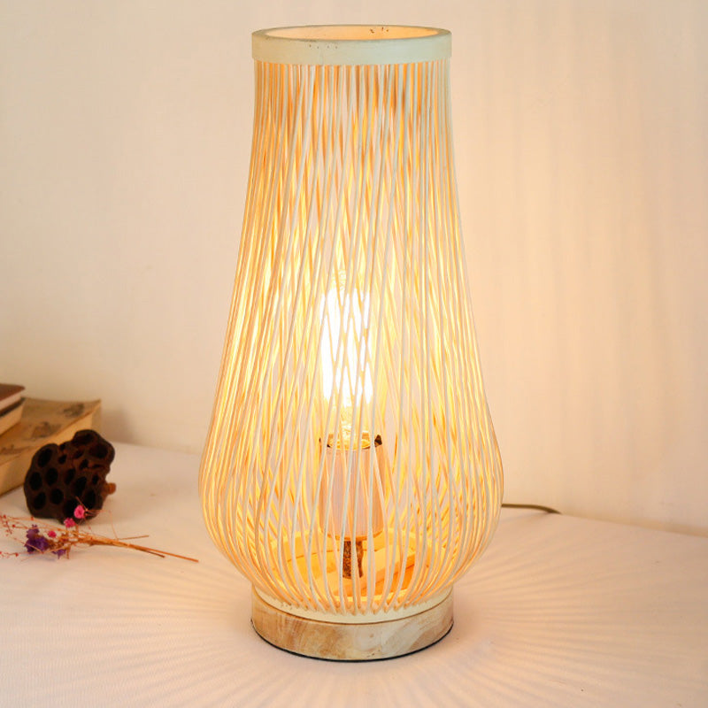 Asian Style Beige Table Lamp With Bamboo Shade - Perfect For Bedroom Desk