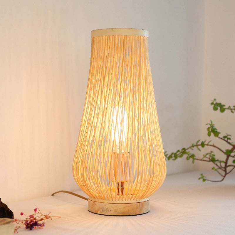 Asian Style Beige Table Lamp With Bamboo Shade - Perfect For Bedroom Desk
