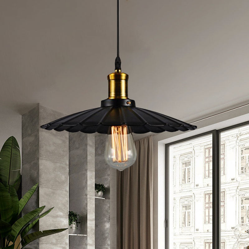 Industrial Scalloped Pendant Light - 1 Head 14"/16" Metallic Ceiling Lamp in Black/White