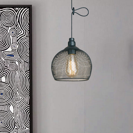 Industrial Wire Mesh Metal Pendant Light - Adjustable Height Black Finish