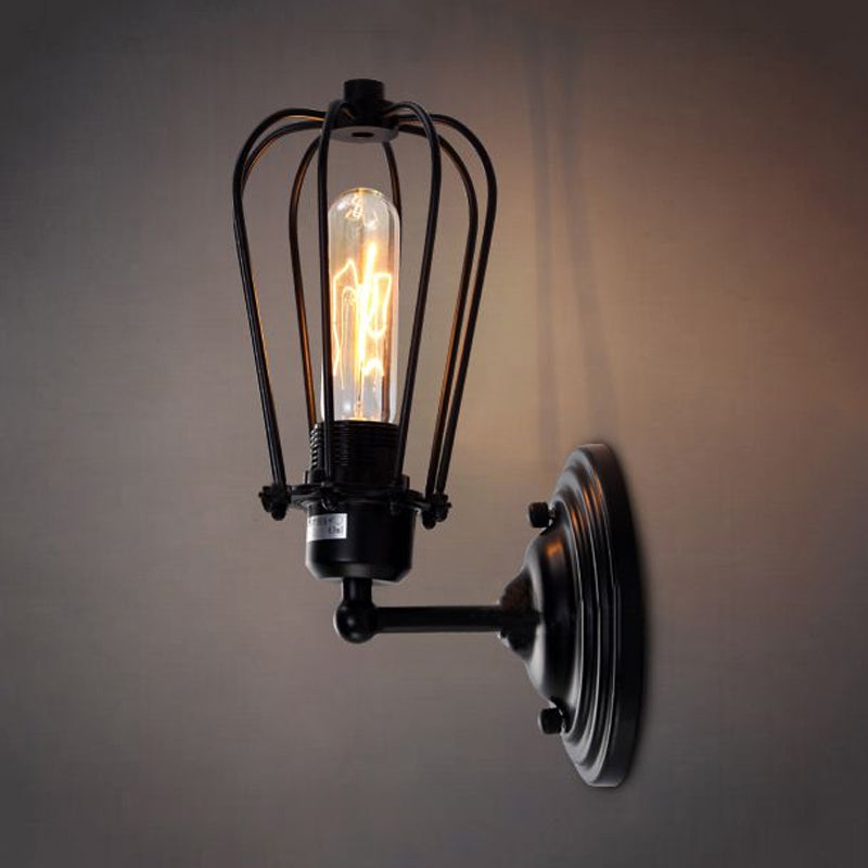 Industrial Black Iron Wall Mount Sconce With Wire Frame - 1 Light Mini Lamp For Corridor